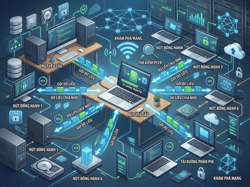 Kiến trúc peer-to-peer vận hành thế nào khi các nút có vai trò ngang nhau