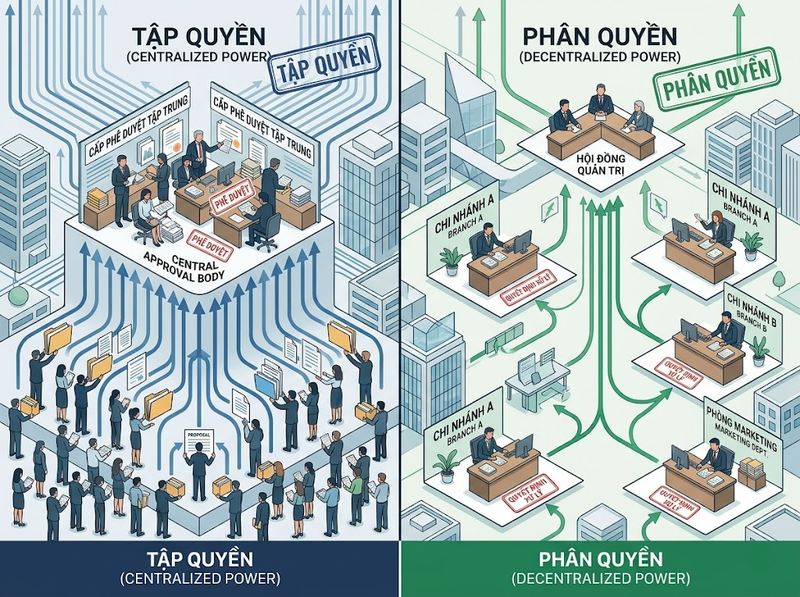 Tập quyền và phân quyền khác nhau thế nào về quyền lực và quyết định