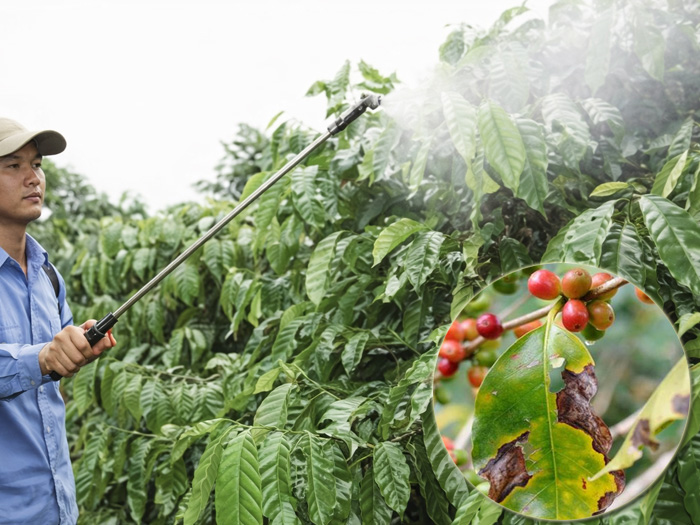 Kinh nghiệm phun thuốc trị nấm hồng rỉ sắt để hạn chế hại lá cà phê